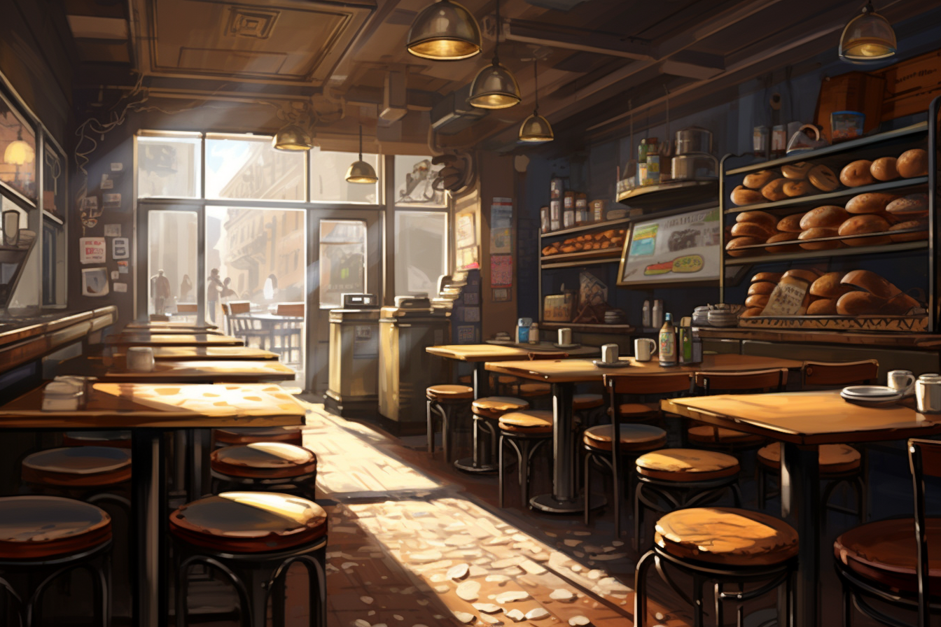 Image of imaginary bake shop, light pouring in the front door and bagels all around