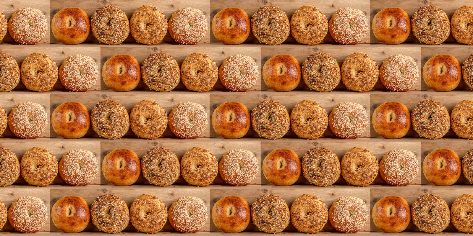 rows on rows of everything bagels.